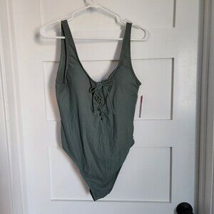 Xhilaration Green Ribbed Lace Up One Piece Swimsuit - LARGE - NWT